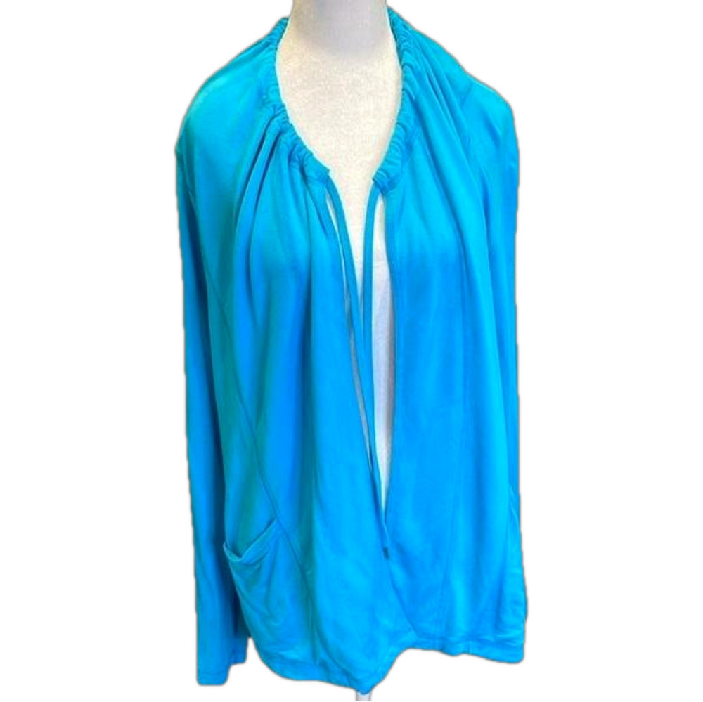 Ruby Rd M lovely shade of blue open jacket with pockets and  gathered tie neck